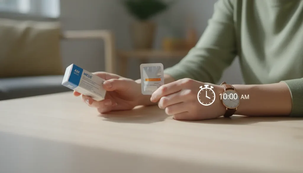 امرأة تحمل دواءين مختلفين مع ساعة على معصمها للتذكير بضرورة الفصل بساعتين بين بيديليكس وباقي الأدوية