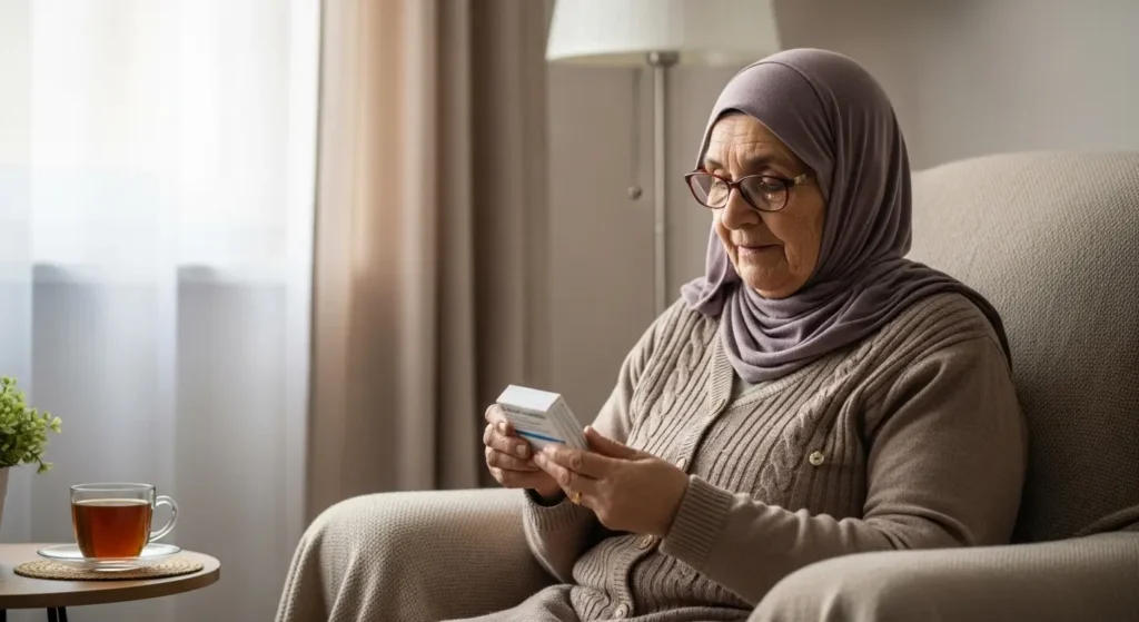 سيدة مسنة تقرأ نشرة دواء لارجاكتيل بعناية في المنزل