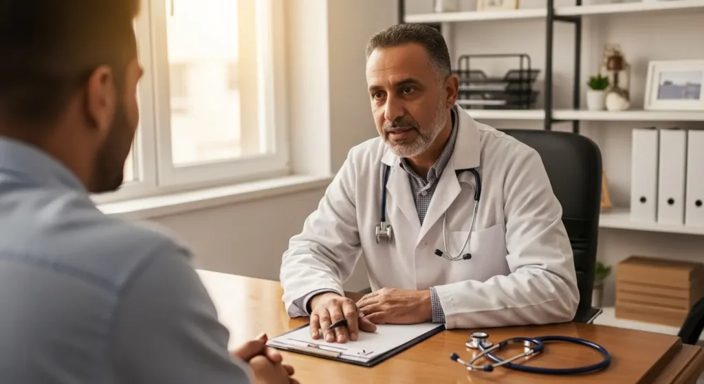 طبيب يشرح لمريض دواعي استعمال لارجاكتيل في عيادة طبية