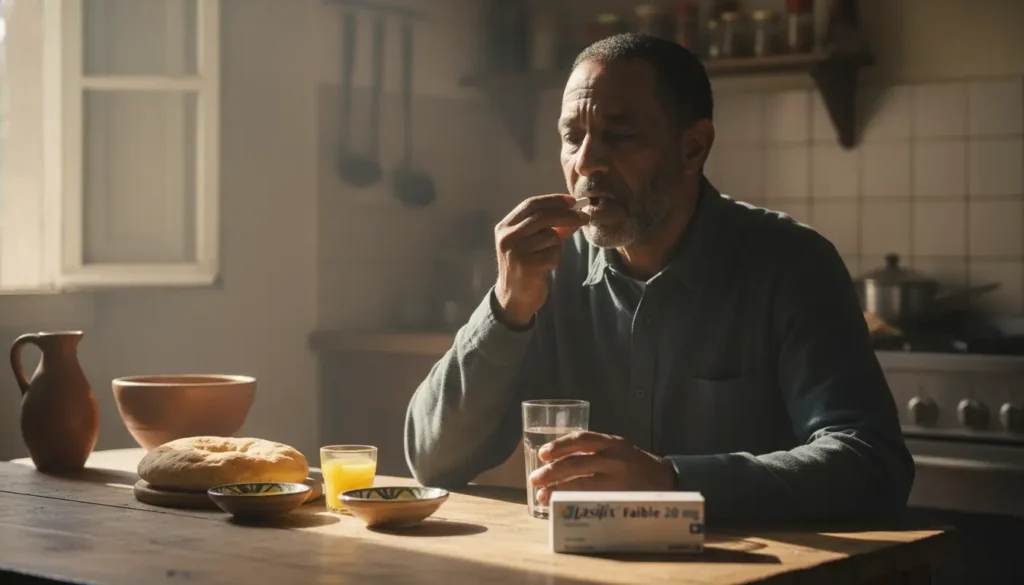 مريض يتناول حبوب لازيليكس في الصباح مع كوب من الماء