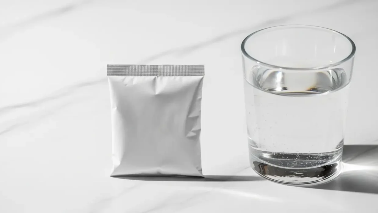 هل دواء بيديليكس يسبب الإمساك؟ - صورة كيس دواء بيديليكس بجانب كوب ماء على سطح أبيض