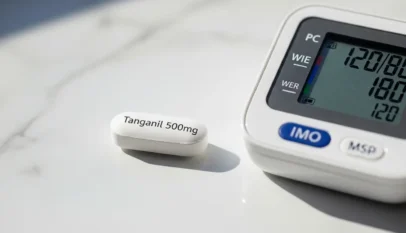 هل دواء تانجانيل يرفع الضغط؟ - دواء تانجانيل 500 ملغ بجانب جهاز قياس ضغط الدم يُظهر قراءة طبيعية