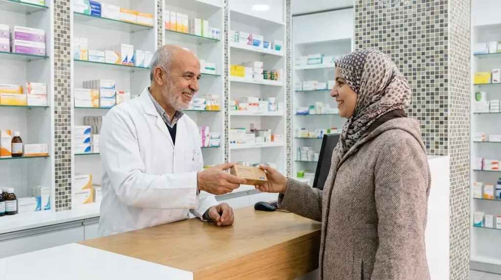 صيدلاني مغربي يشرح دواء موتيليوم لمريضة في الصيدلية