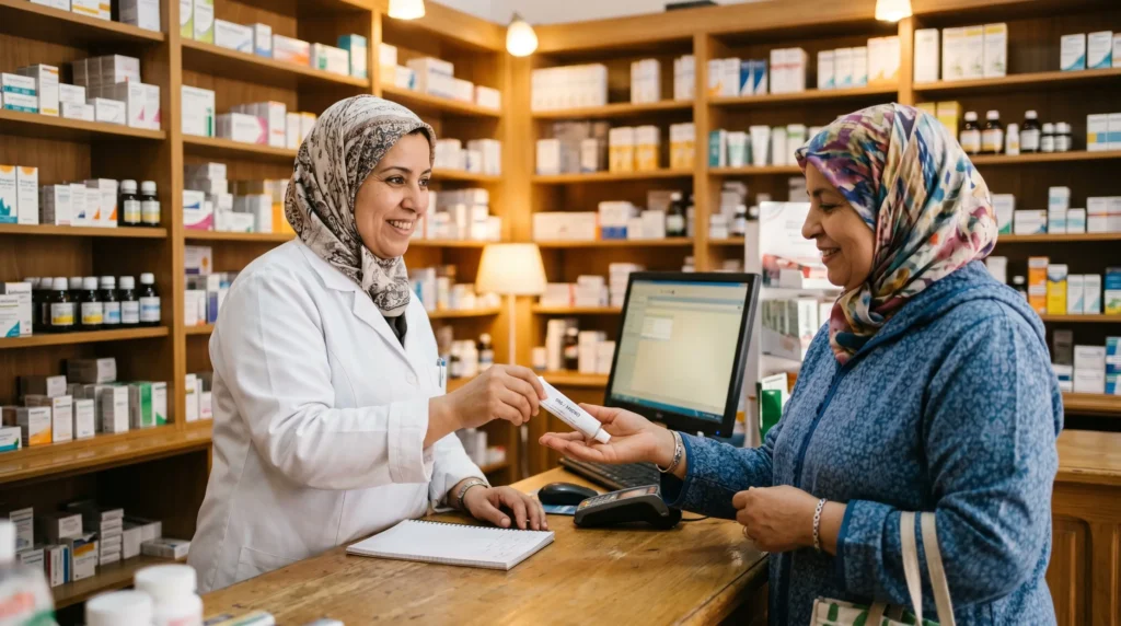 صيدلاني مغربي يقدم المشورة لمريض حول استخدام دواء مضاد للفطريات